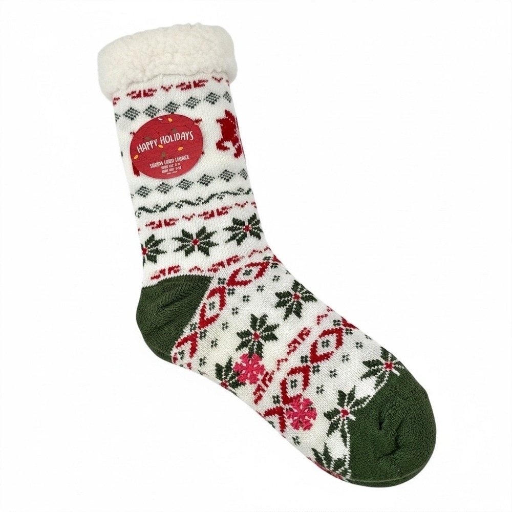 Happy Holidays Sherpa Lined Lounge Sock Women 9-11 Cozy Christmas Deer Snowflake - Picture 2 of 12